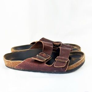 BIRKENSTOCK Brown Leather Arizona Sandals With Rose Gold Buckles Size 38/7